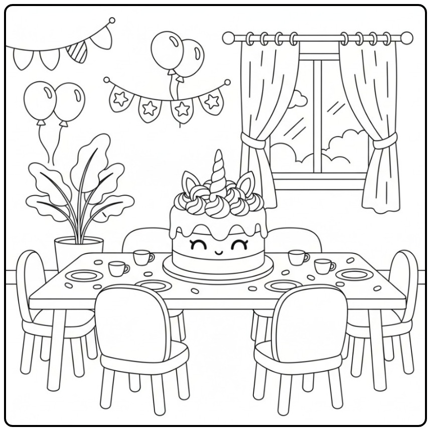 Magical Unicorn Birthday Cake for a Party coloring page