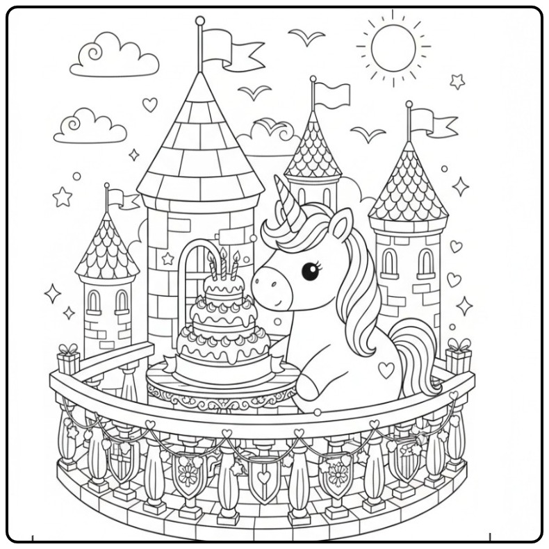 Magical Unicorn Birthday Cake in a Castle coloring page