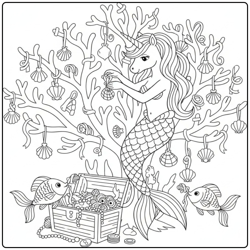 Magical Unicorn Mermaid with a Treasure Chest coloring page