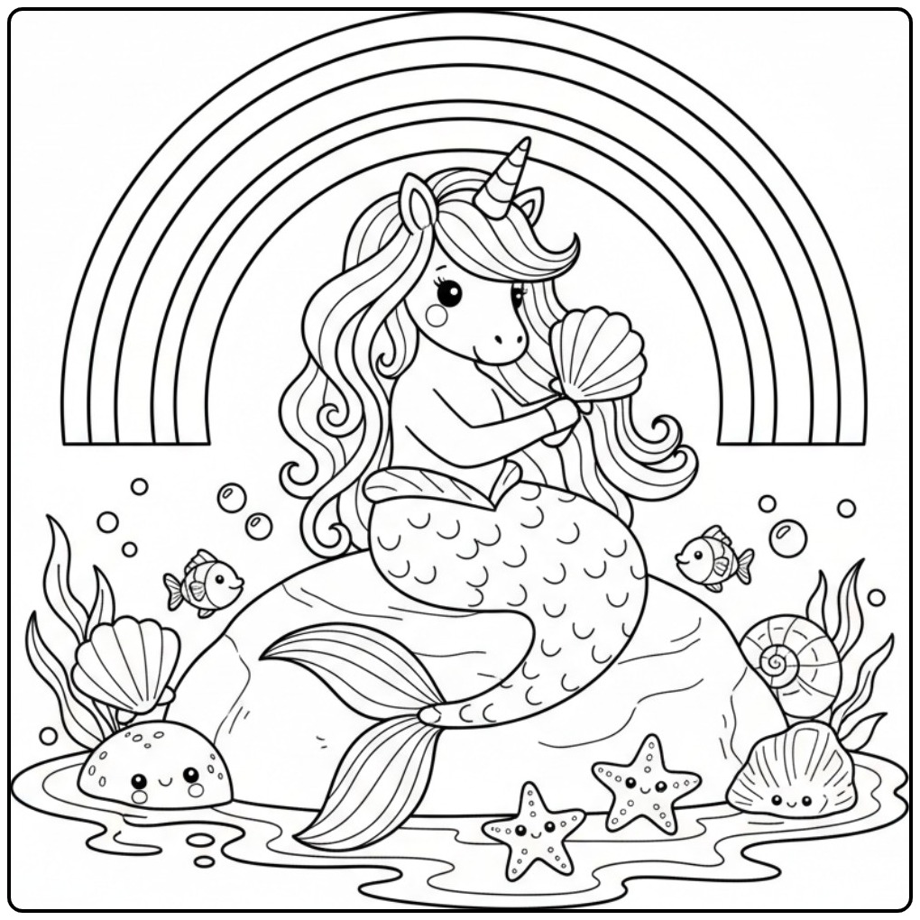 Magical Unicorn Mermaid and Rainbow in the Sea coloring page