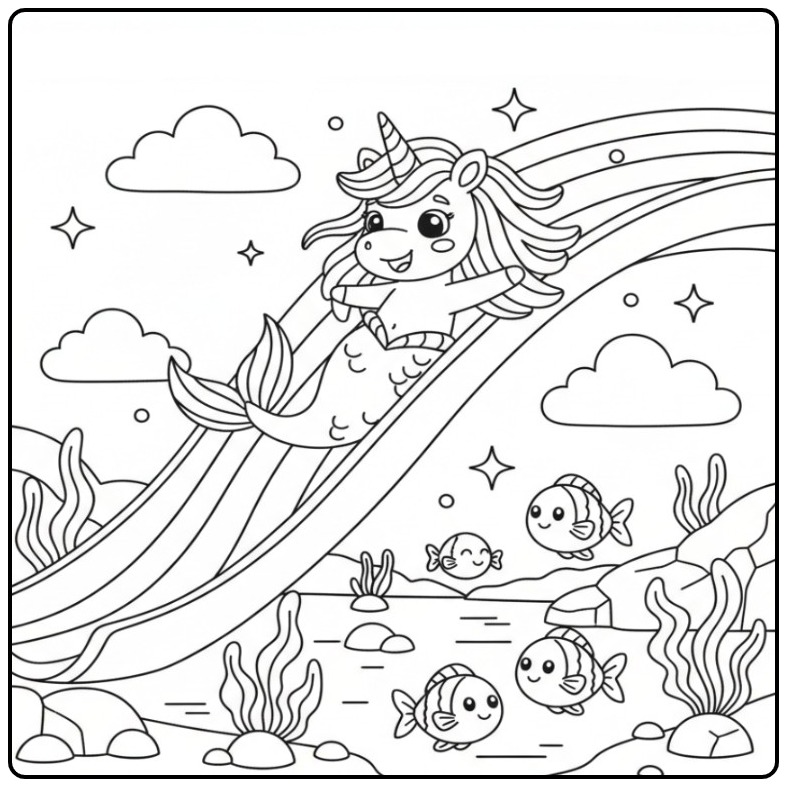 Magical Unicorn Mermaid and Rainbow with Fish coloring page