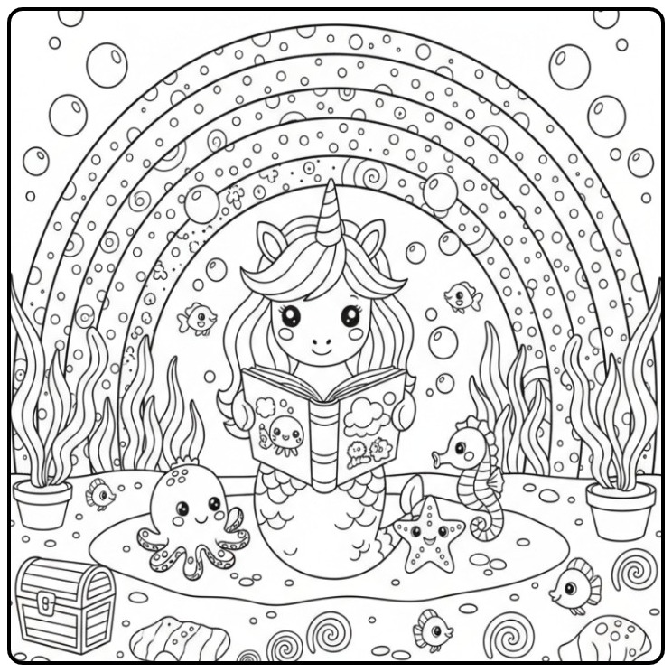 Magical Unicorn Mermaid and Rainbow with Friends coloring page
