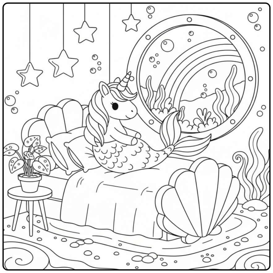 Magical Unicorn Mermaid and Rainbow coloring page