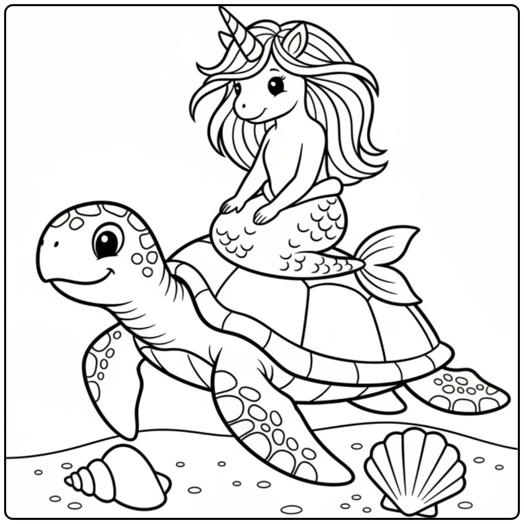 Magical Unicorn Mermaid and His Turtle Friend coloring page
