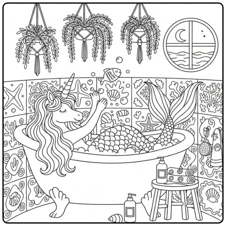 Magical Unicorn Mermaid in the Bathroom coloring page