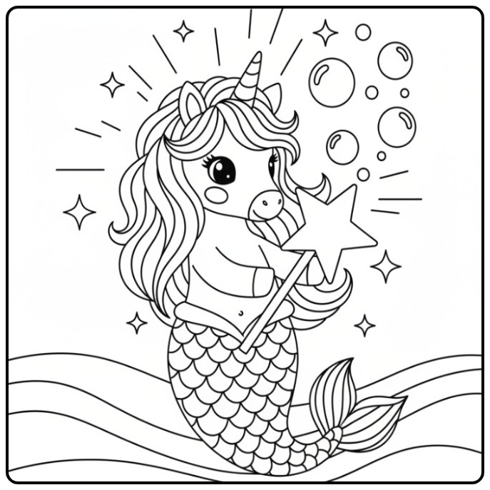 Magical Unicorn Mermaid in the Ocean coloring page