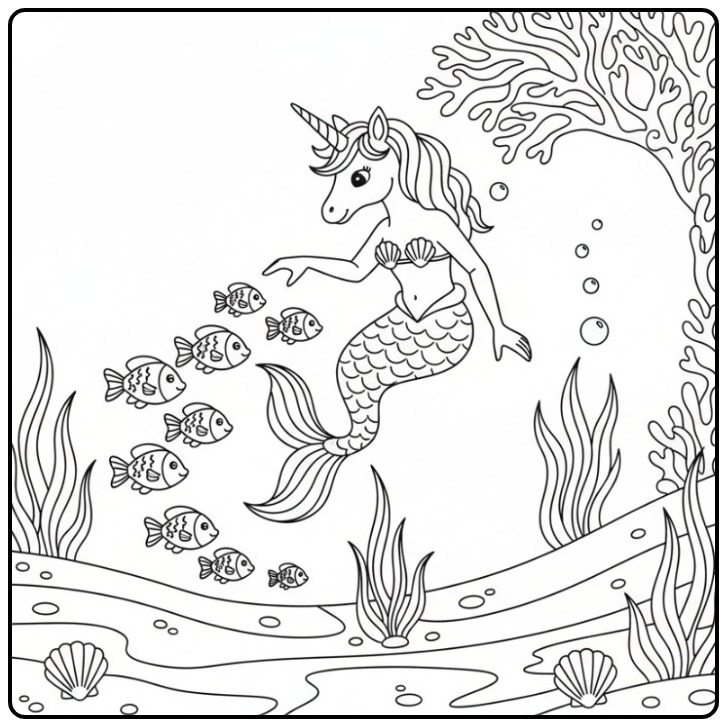 Magical Unicorn Mermaid in the Underwater World 2 coloring page