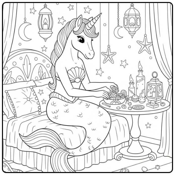 Magical Unicorn Mermaid in a Beautiful Room coloring page