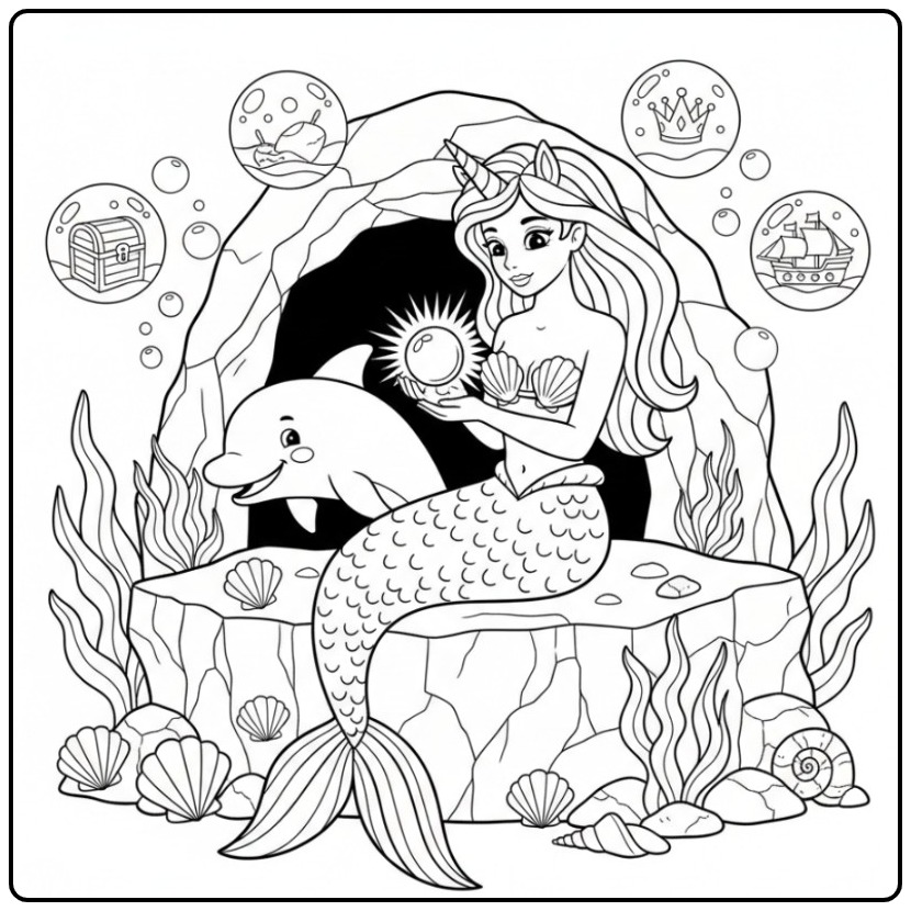 Magical Unicorn Mermaid in a Underwater Cave coloring page