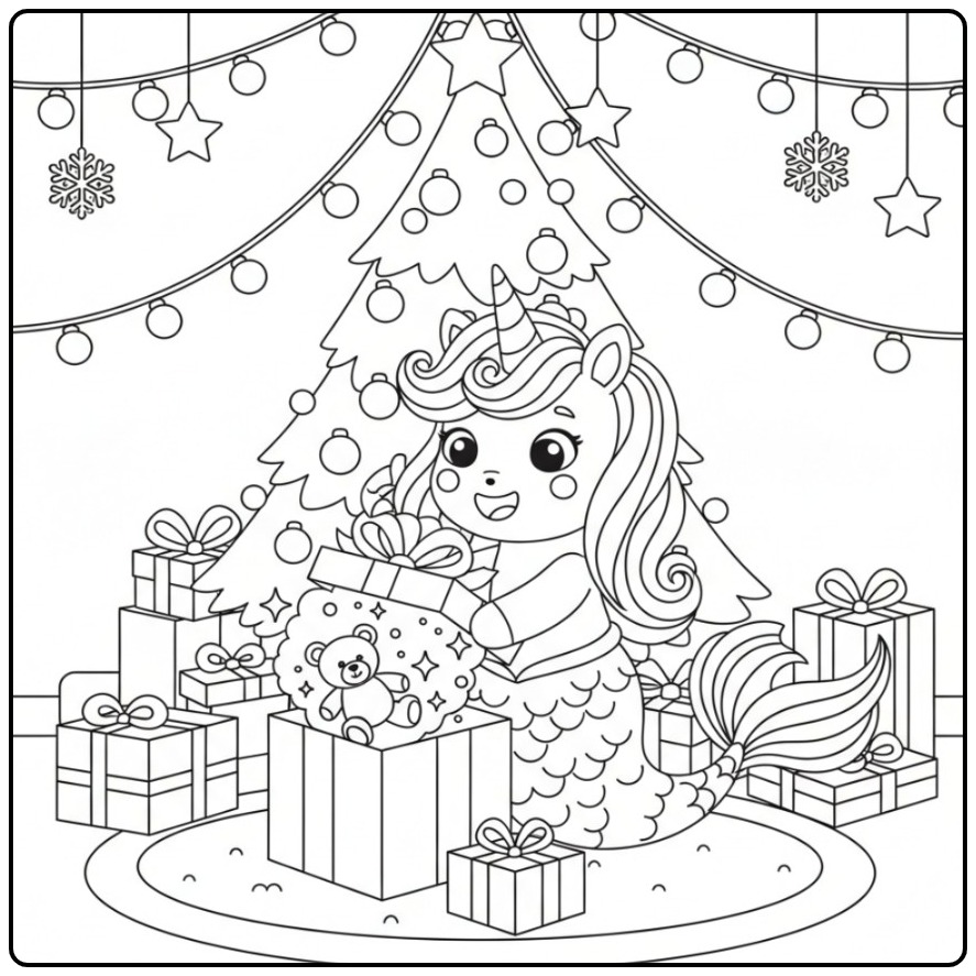 Magical Unicorn Mermaid with the Christmas Tree coloring page