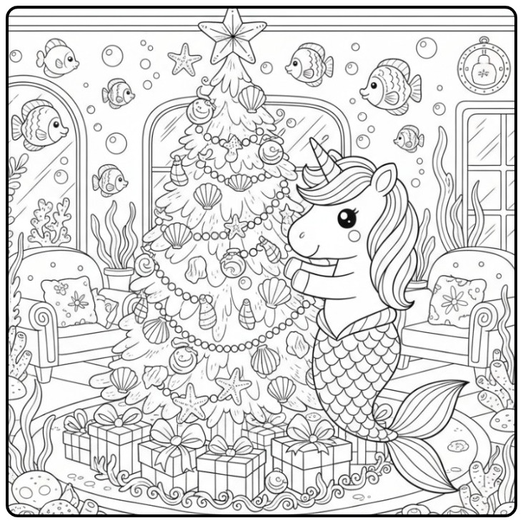 Magical Unicorn Mermaid Christmas in the Ocean coloring page