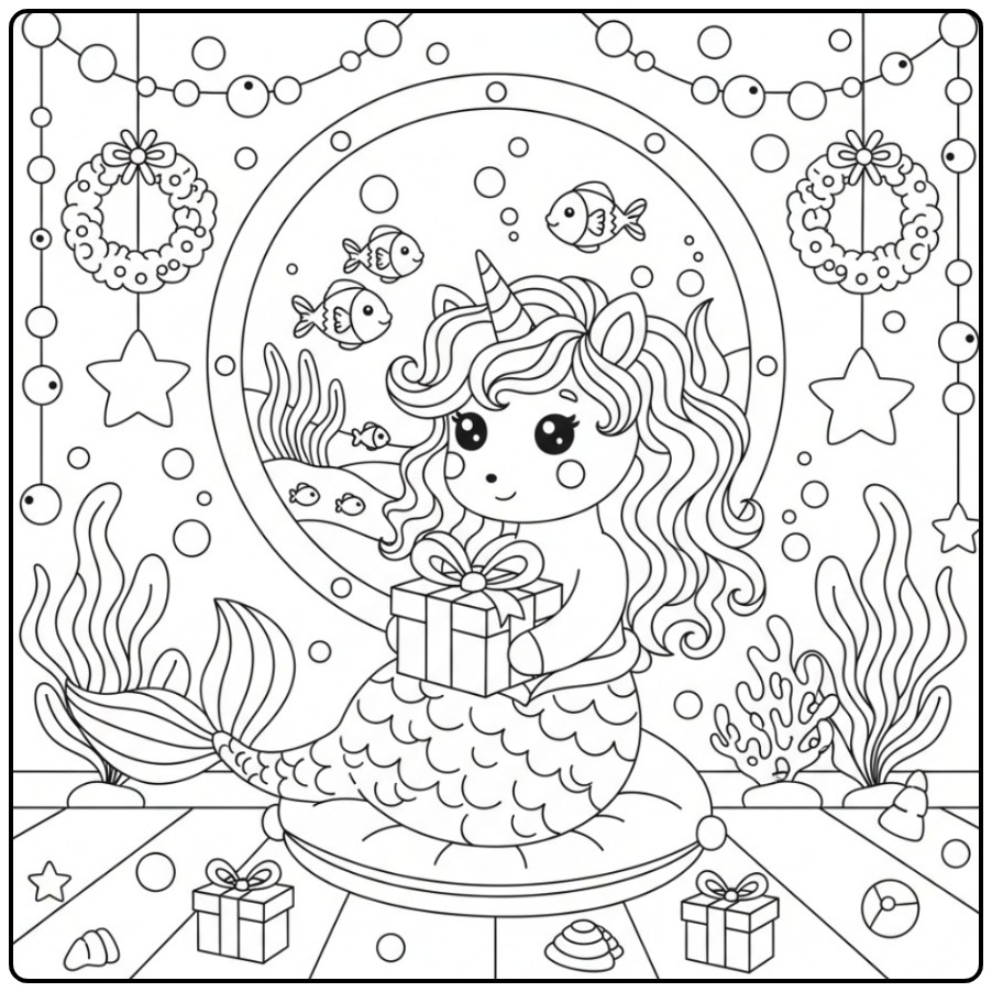 Magical Unicorn Mermaid Christmas coloring page