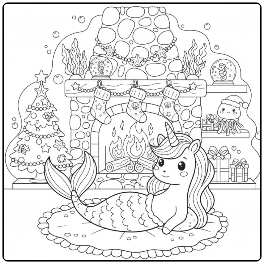 Magical Unicorn Mermaid Christmas for Children coloring page