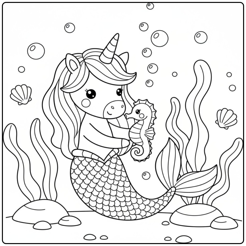 Magical Unicorn Mermaid Hugging Seahorse coloring page