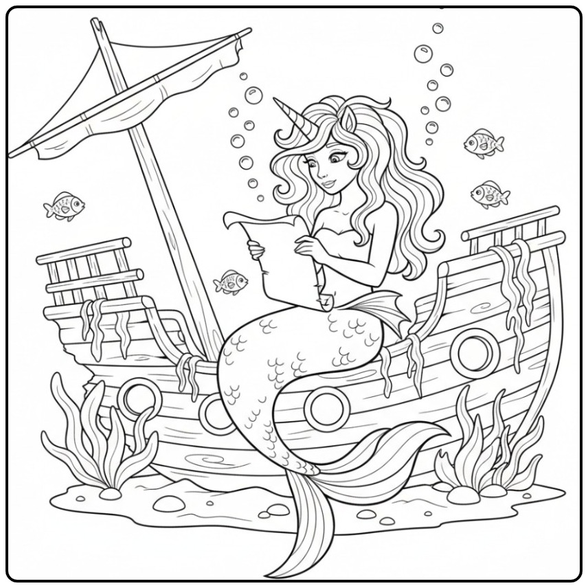 Magical Unicorn Mermaid with a Mysterious Map coloring page