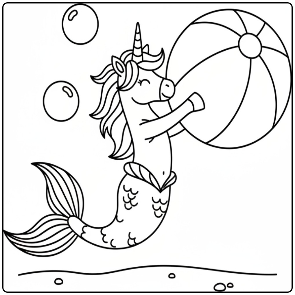 Magical Unicorn Mermaid with a Beach Ball coloring page