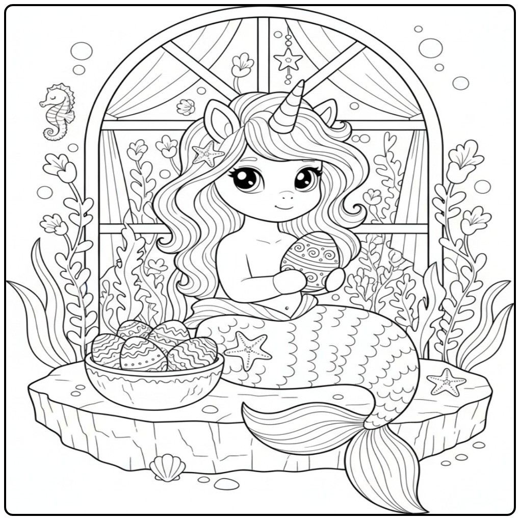 Magical Unicorn Mermaid with Eggs Easter Party coloring page