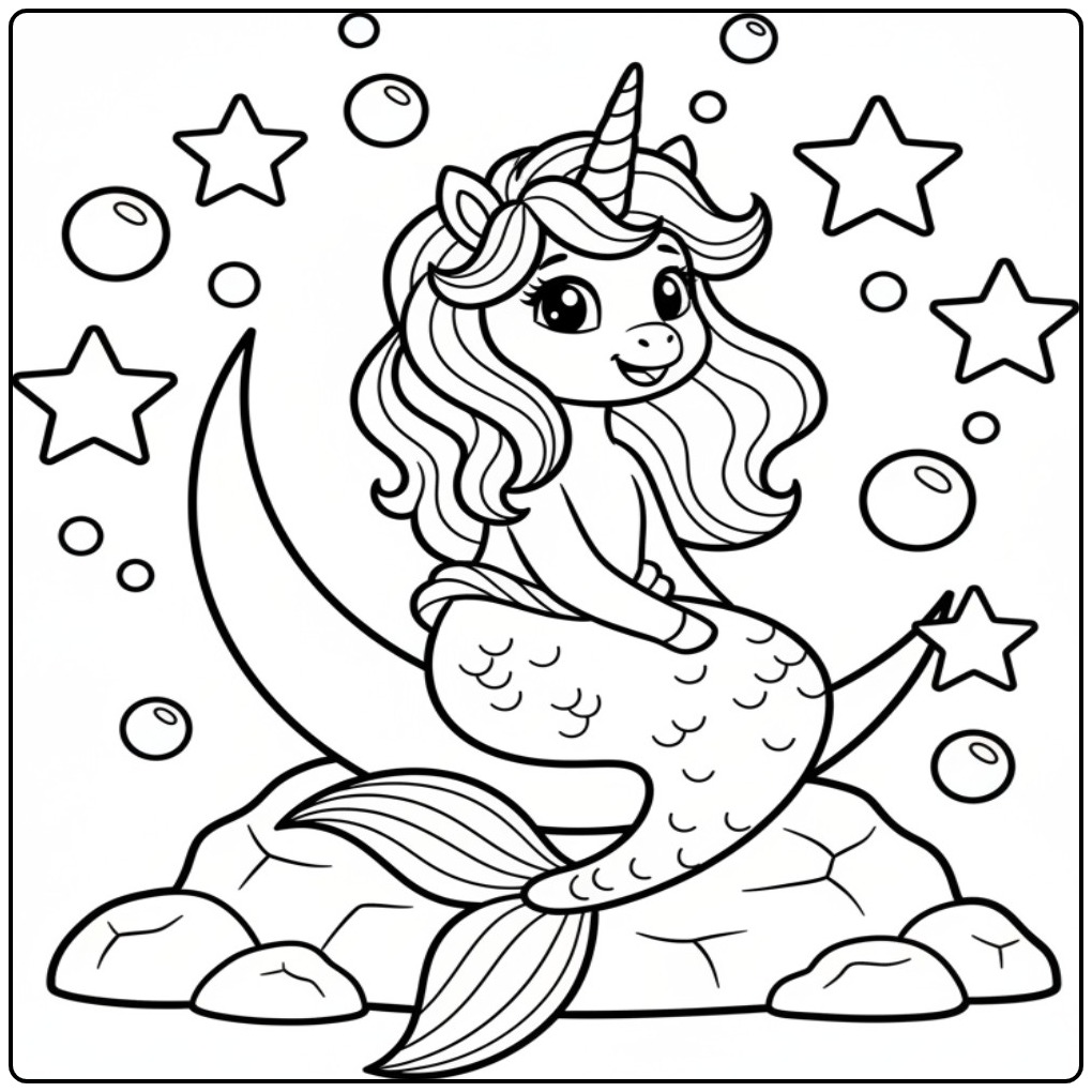 Magical Unicorn Mermaid with Stars and Bubbles coloring page