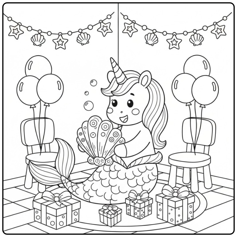 Magical Unicorn Mermaid Birthday with Decorations coloring page