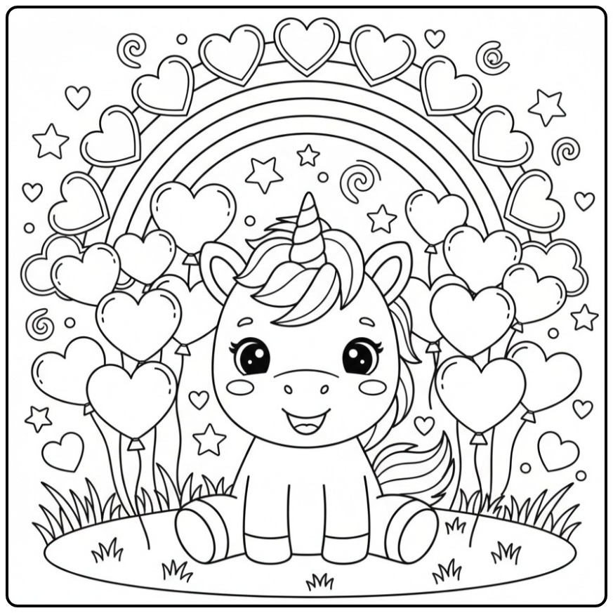 Magical Baby Unicorn with Heart and Rainbow coloring page