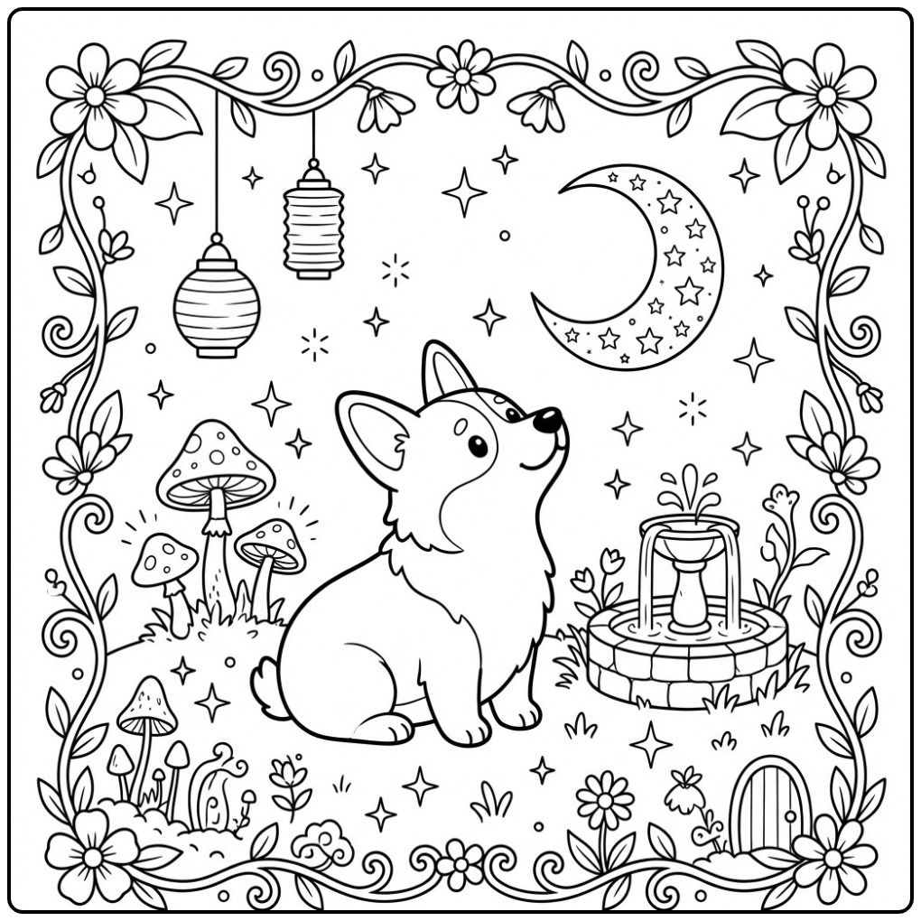 Corgi in a Magical Night Garden coloring page