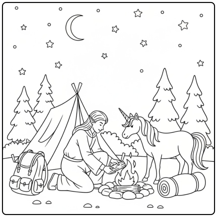 Magical Night Fairy and Unicorn at the Camping coloring page