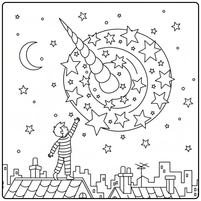 Magical Night with a Spiral Unicorn Horn coloring page