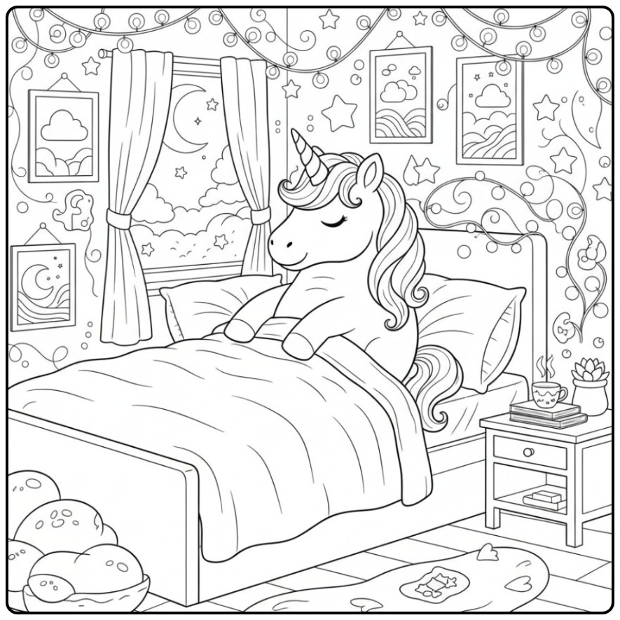 Magical Night Scene Unicorn Cute in Bed coloring page