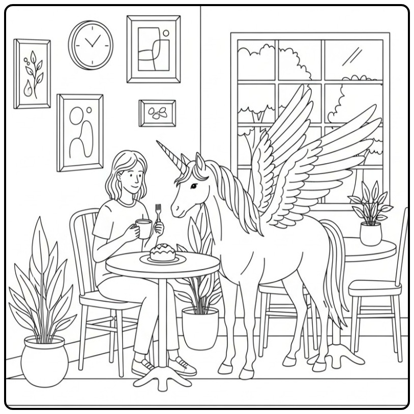 Magical Meeting Unicorn with Wings in Cafe coloring page