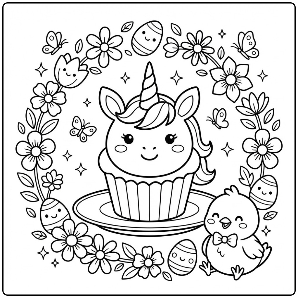 Magical Easter Unicorn Cupcake coloring page
