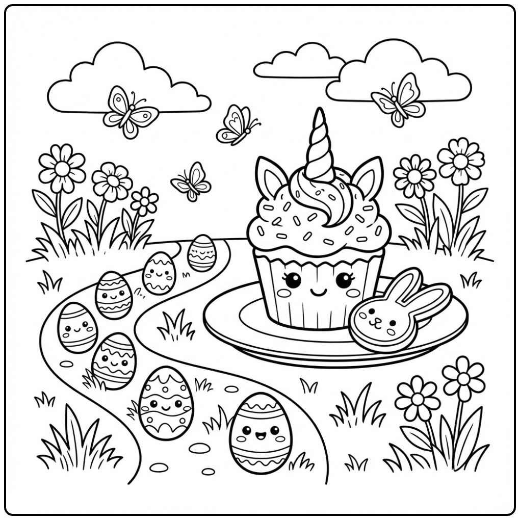 Magical Easter Unicorn Cupcake for Children coloring page