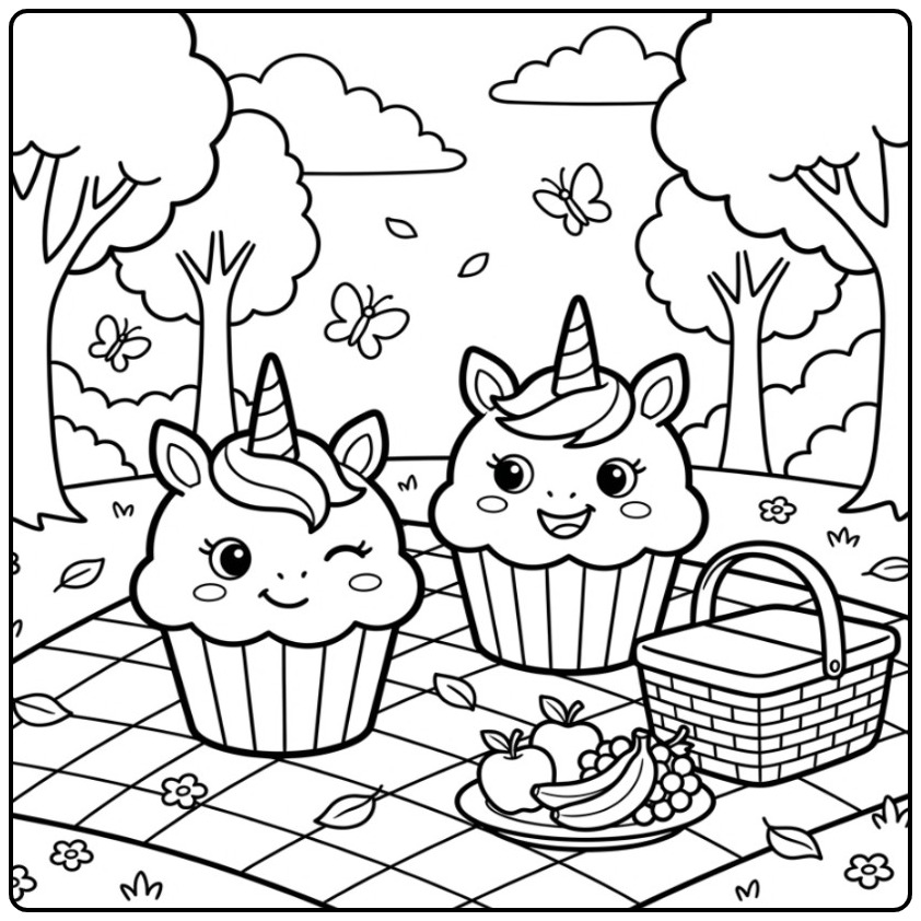 Magical Picnic Unicorn Cupcake coloring page