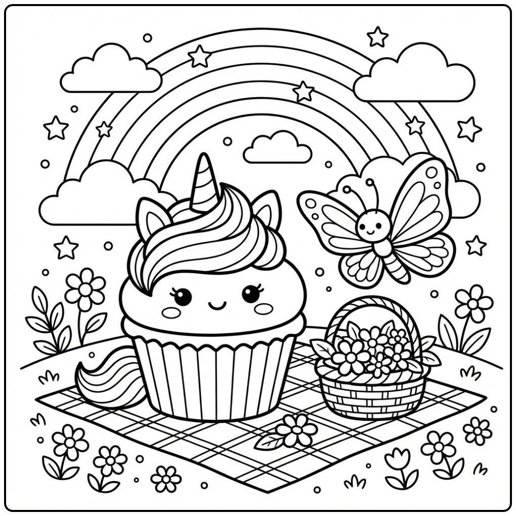 Magical Rainbow Unicorn Cupcake and Friends coloring page