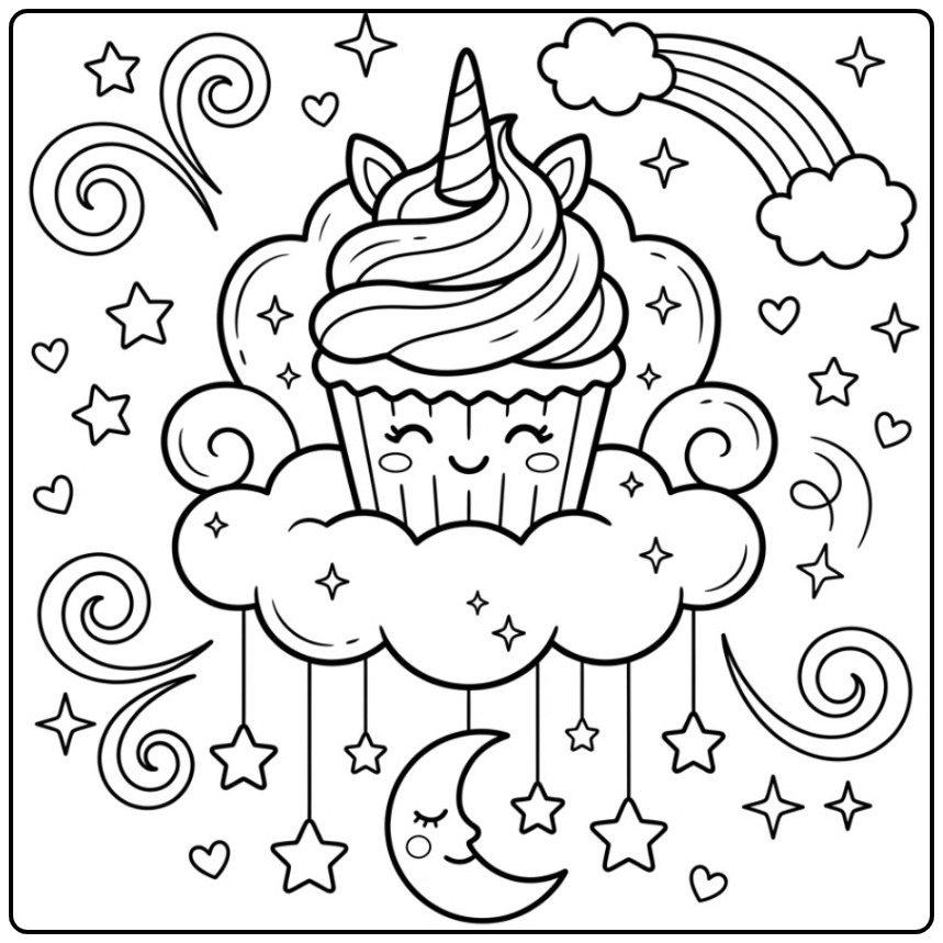 Magical Rainbow Unicorn Cupcake Stars coloring page
