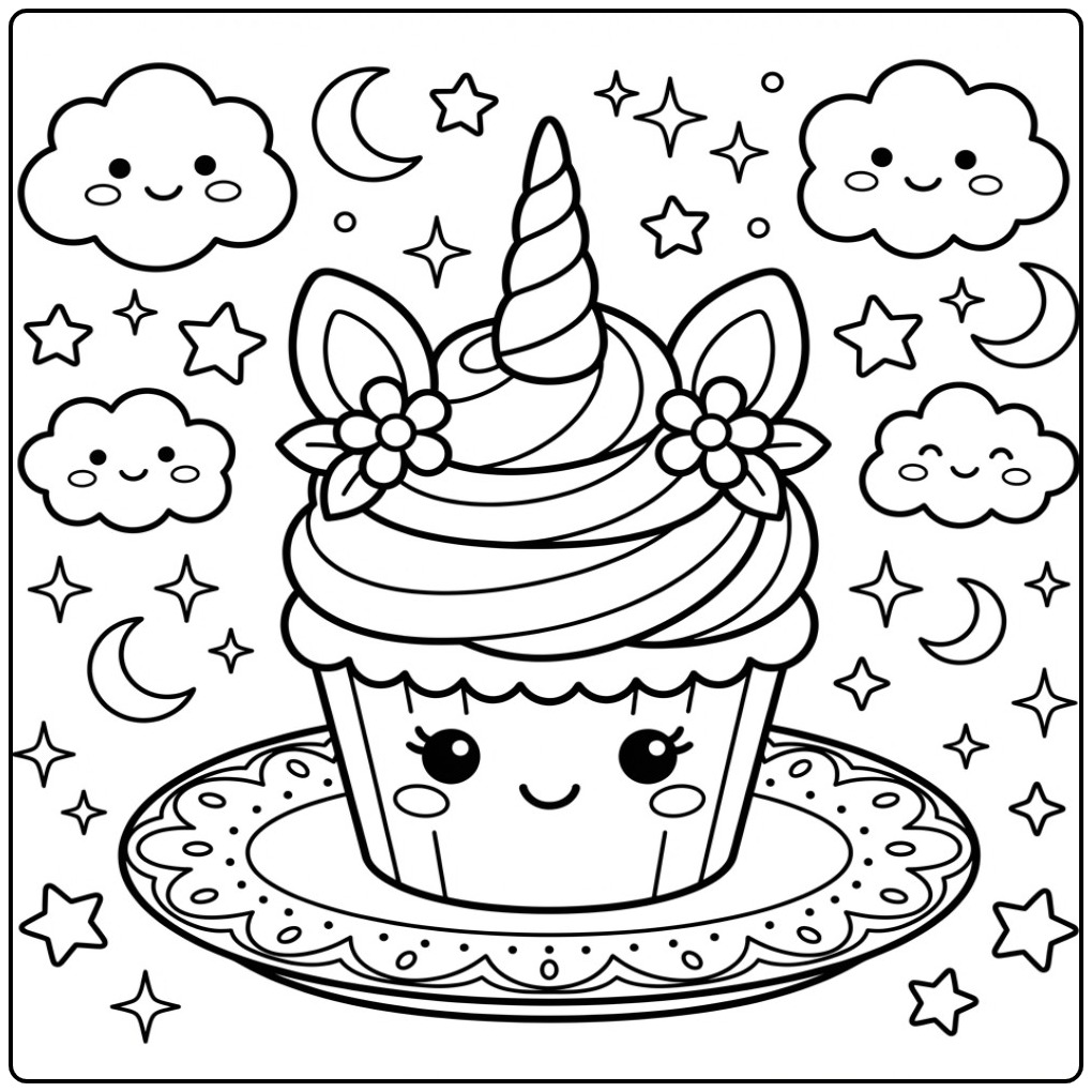 Magical Rainbow Unicorn Cupcake coloring page
