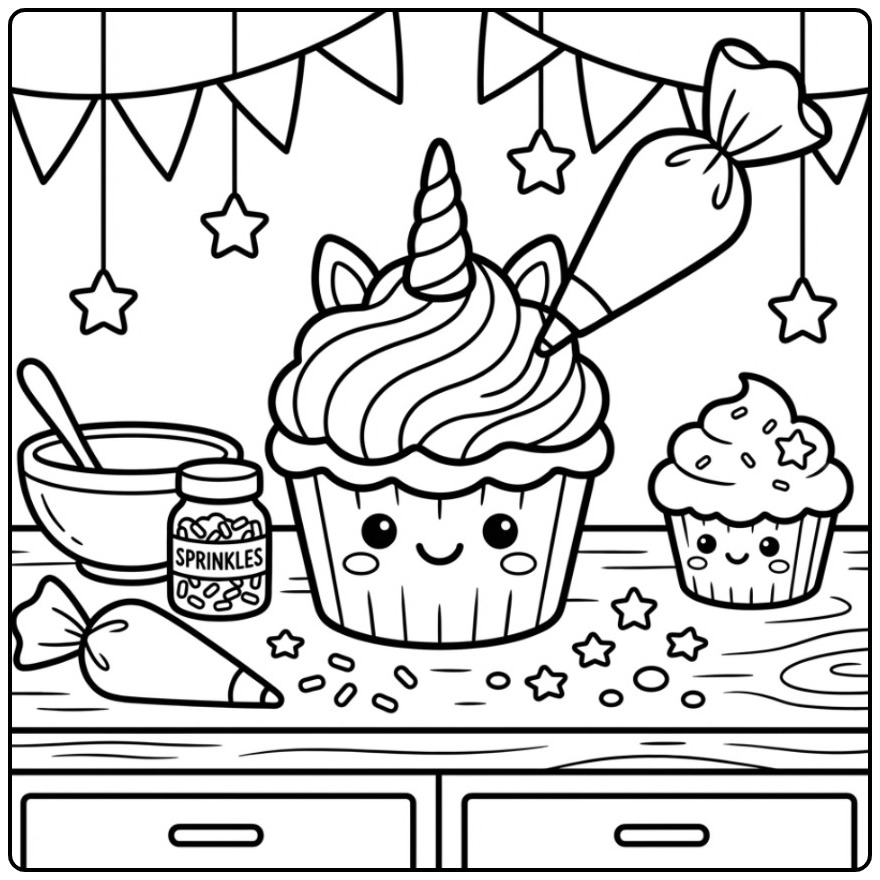 Magical Rainbow Unicorn Cupcake for You coloring page