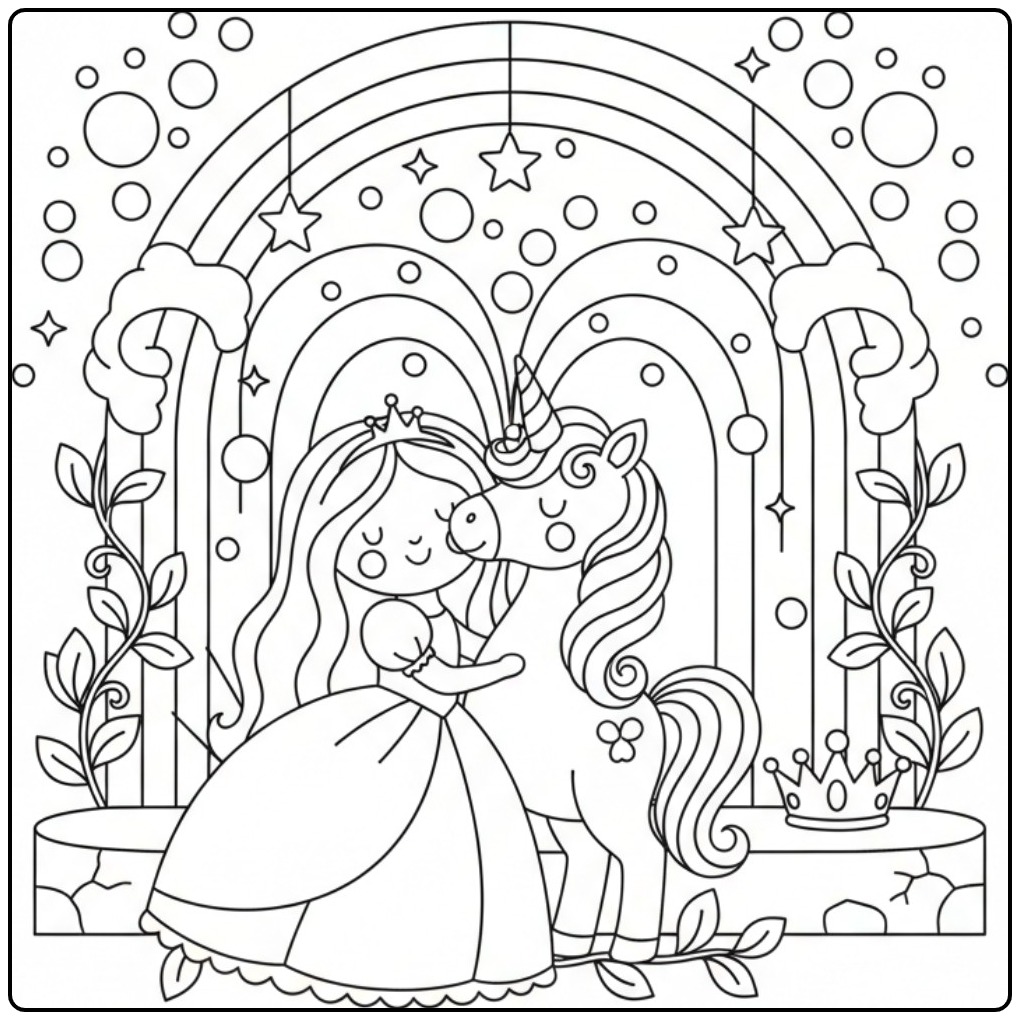 Magical Rainbow Princess Unicorn Stars coloring page