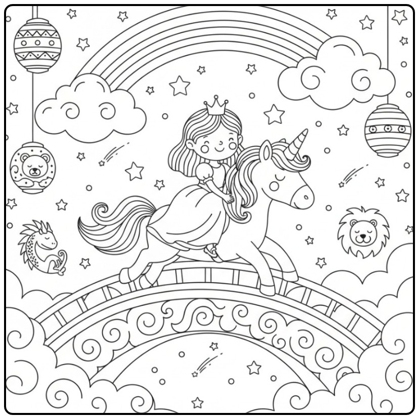 Magical Rainbow Princess Unicorn coloring page