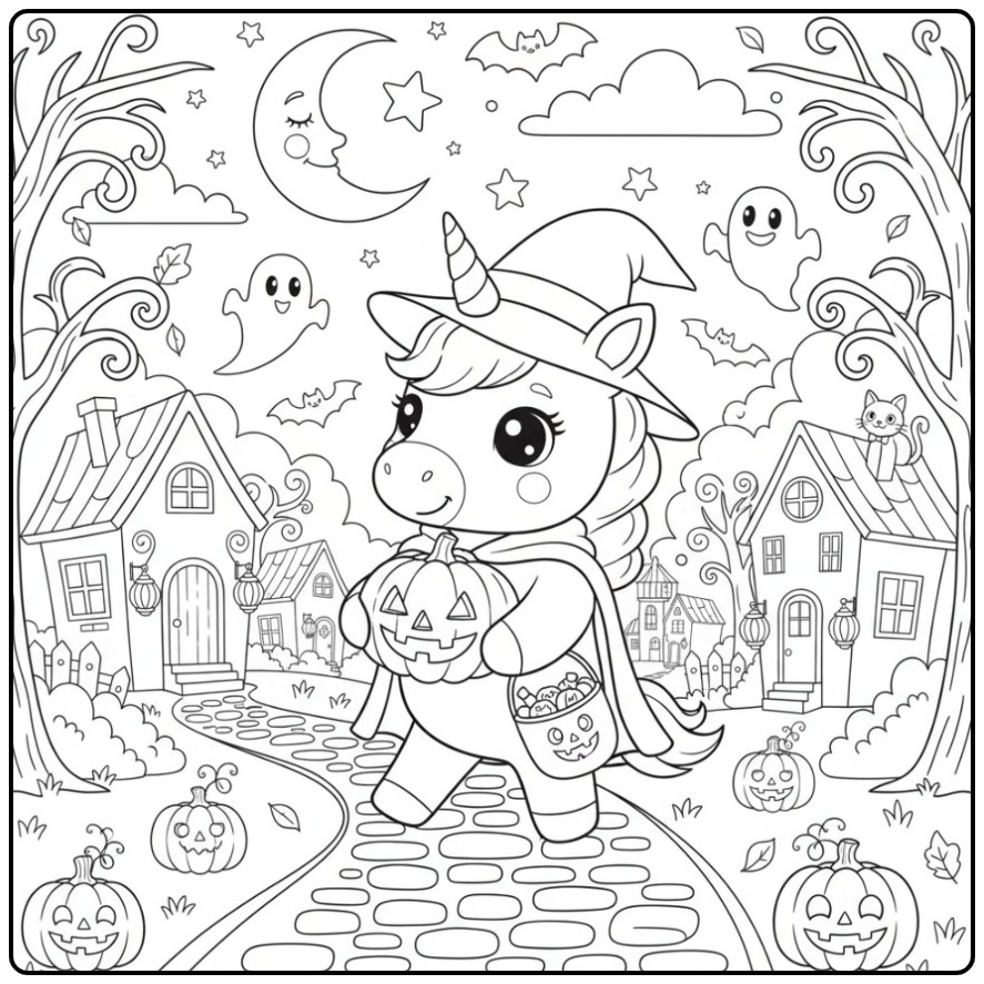 Magical Cute Unicorn Halloween Little Ghosts coloring page