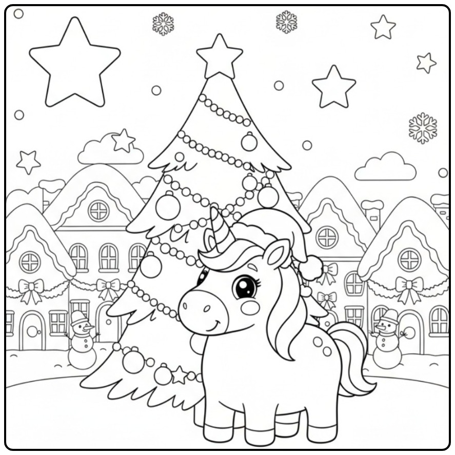 Magical Cute Unicorn a Christmas Tree coloring page