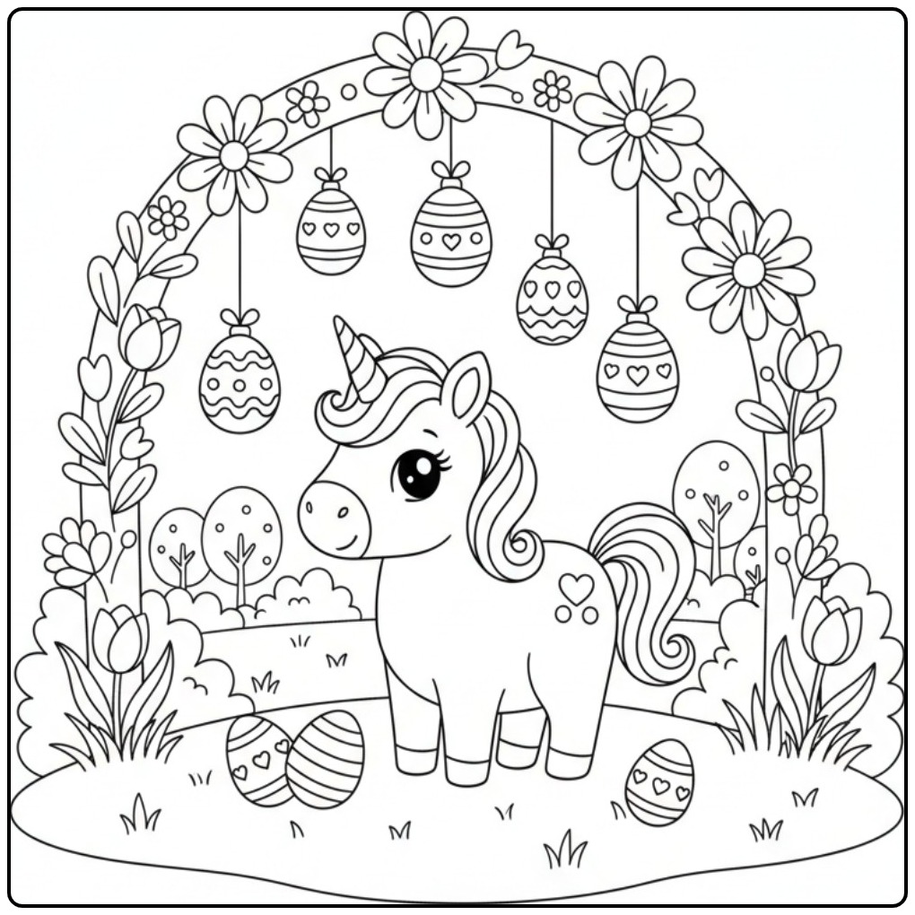 Magical Cute Unicorn Paascoloring Page in a Spring Garden coloring page