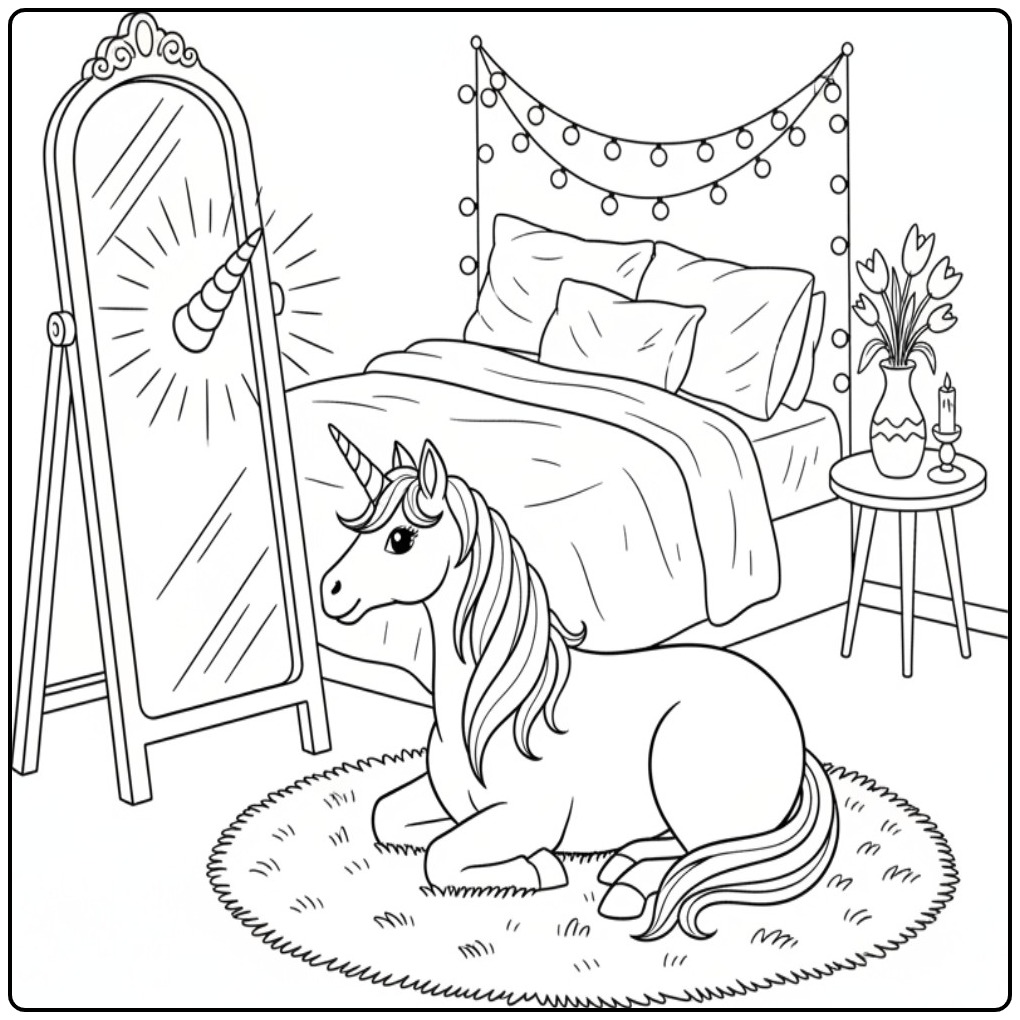 Magical Mirror and a Unicorn Horn coloring page