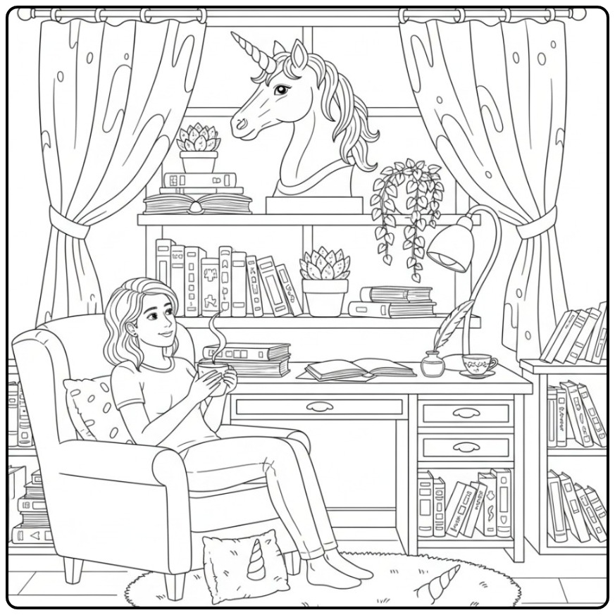 Magical Study Room Unicorn Head for Adults coloring page