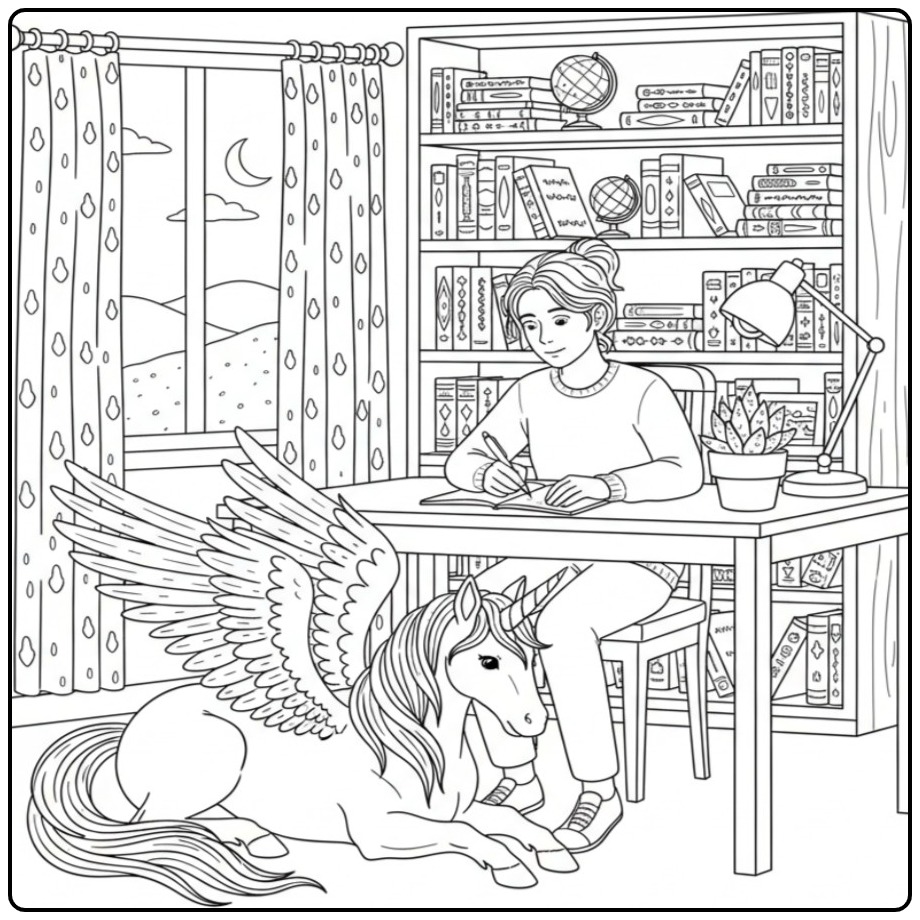 Magical Study Room a Unicorn with Wings coloring page