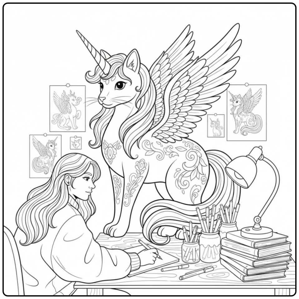 Magical Drawing Lesson with a Unicorn Cat coloring page