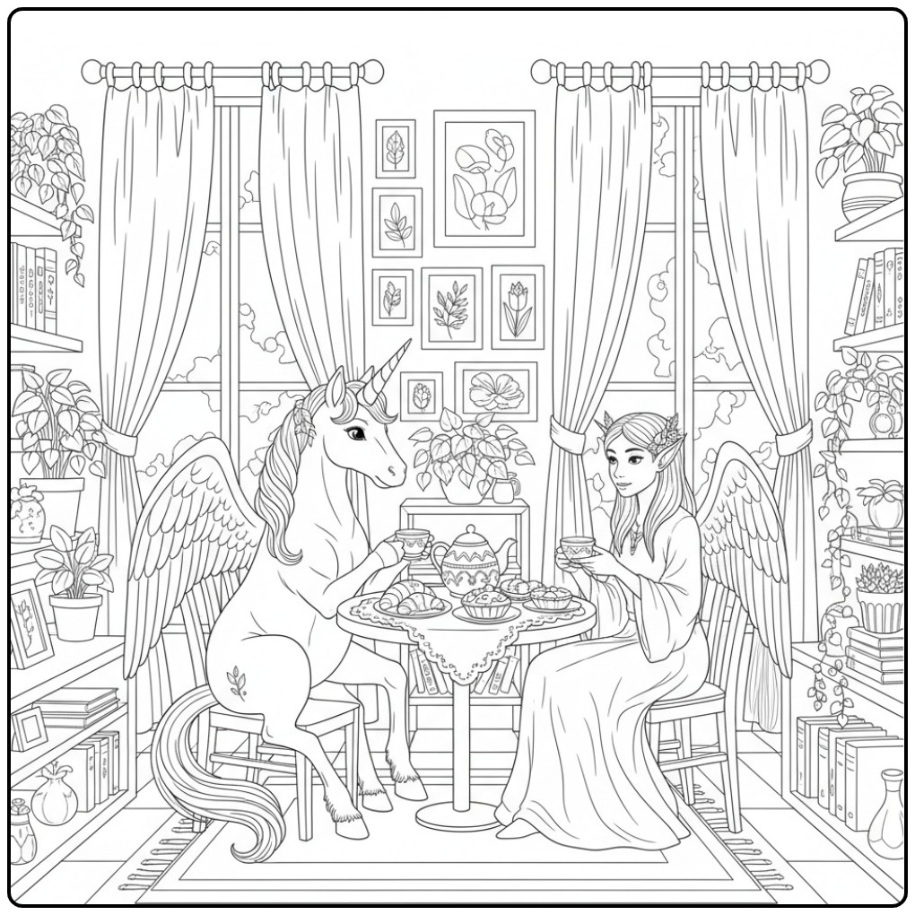 Magical Tea Fairy and Unicorn in the Library coloring page