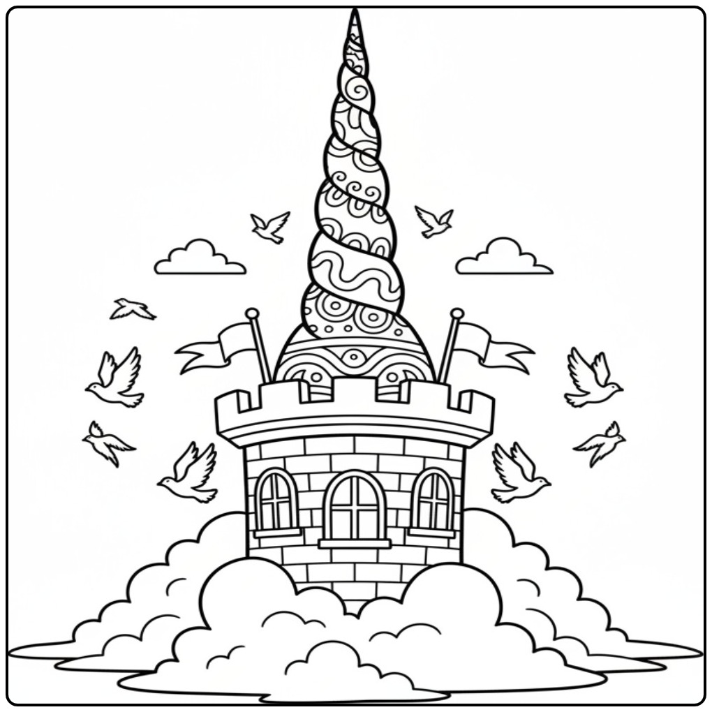 Magical Tower with a Big Unicorn Horn coloring page