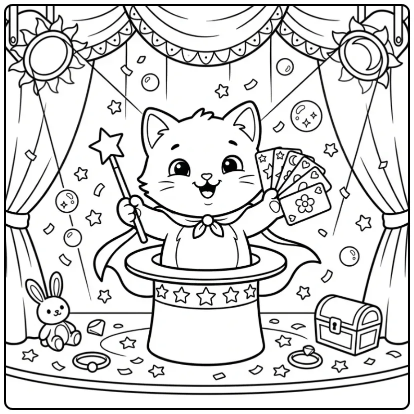 Difficult Kitten coloring page with a magic wand