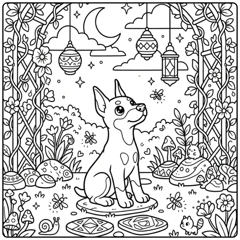 Detailed Magical Garden Puppy with Stars coloring page