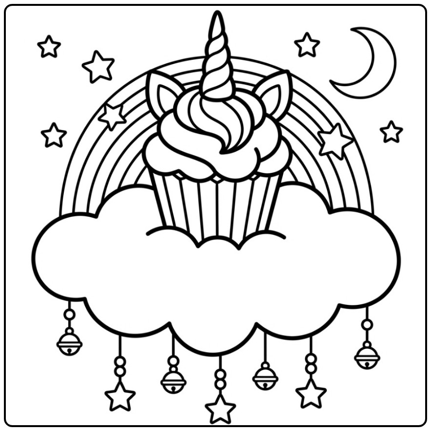 Magical Unicorn Cupcake a Rainbow coloring page